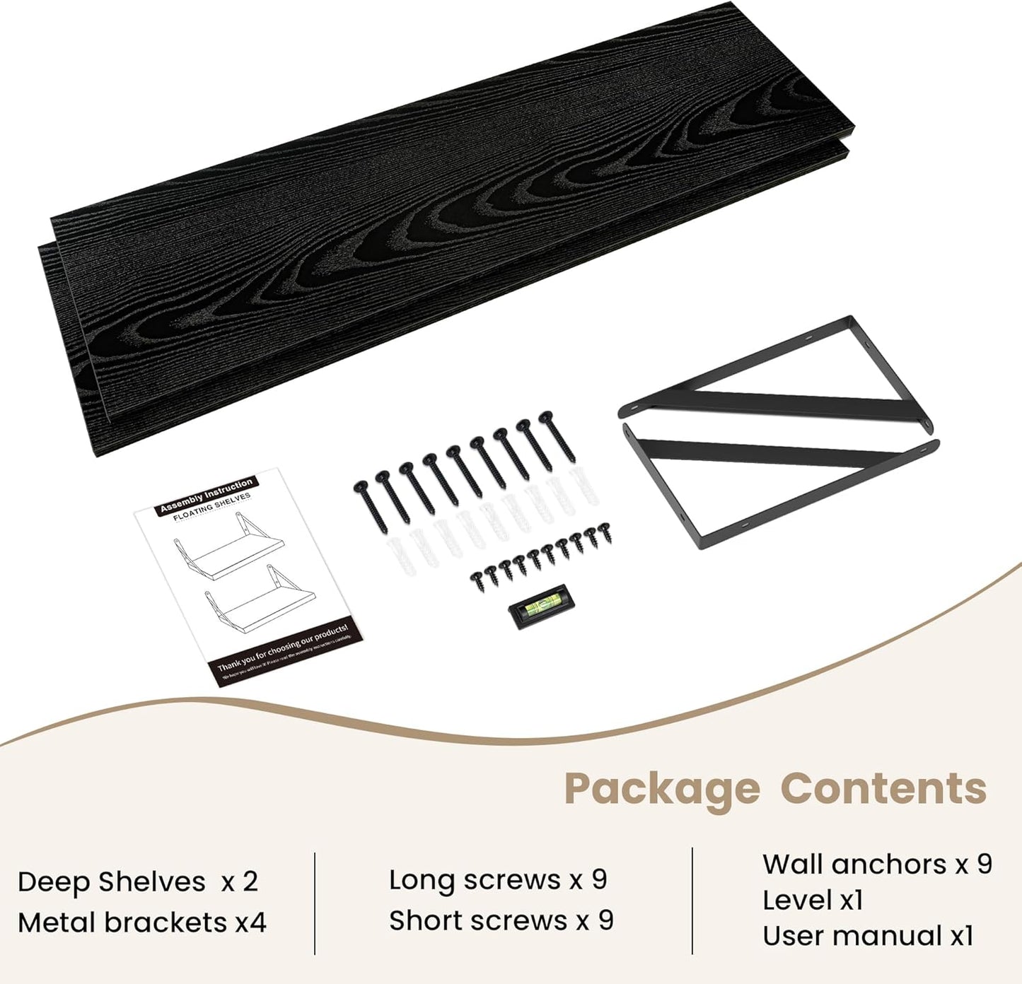 Dreamland Floating Shelves for Wall, 12 Inch Deep Floating Shelves Set of 2, 48W x 12D Large Wall Shelf with Sturdy Metal Brackets for Living Room, Bathroom, Bedroom and Kitchen, Black