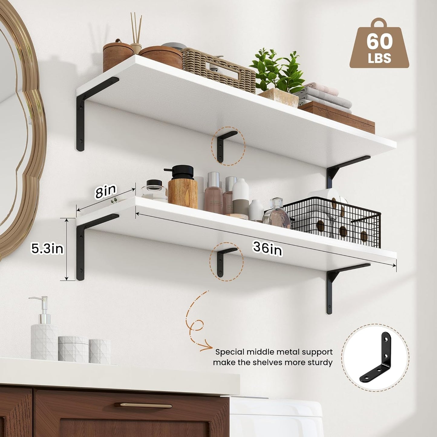 Fun Memories Deep Floating Shelves, 36W x 8D Floating Shelves Set of 2, Wall Mounted Shelf with Metal Brackets, Rustic Wood Wall Shelf for Bathroom, Kitchen and Living Room, White