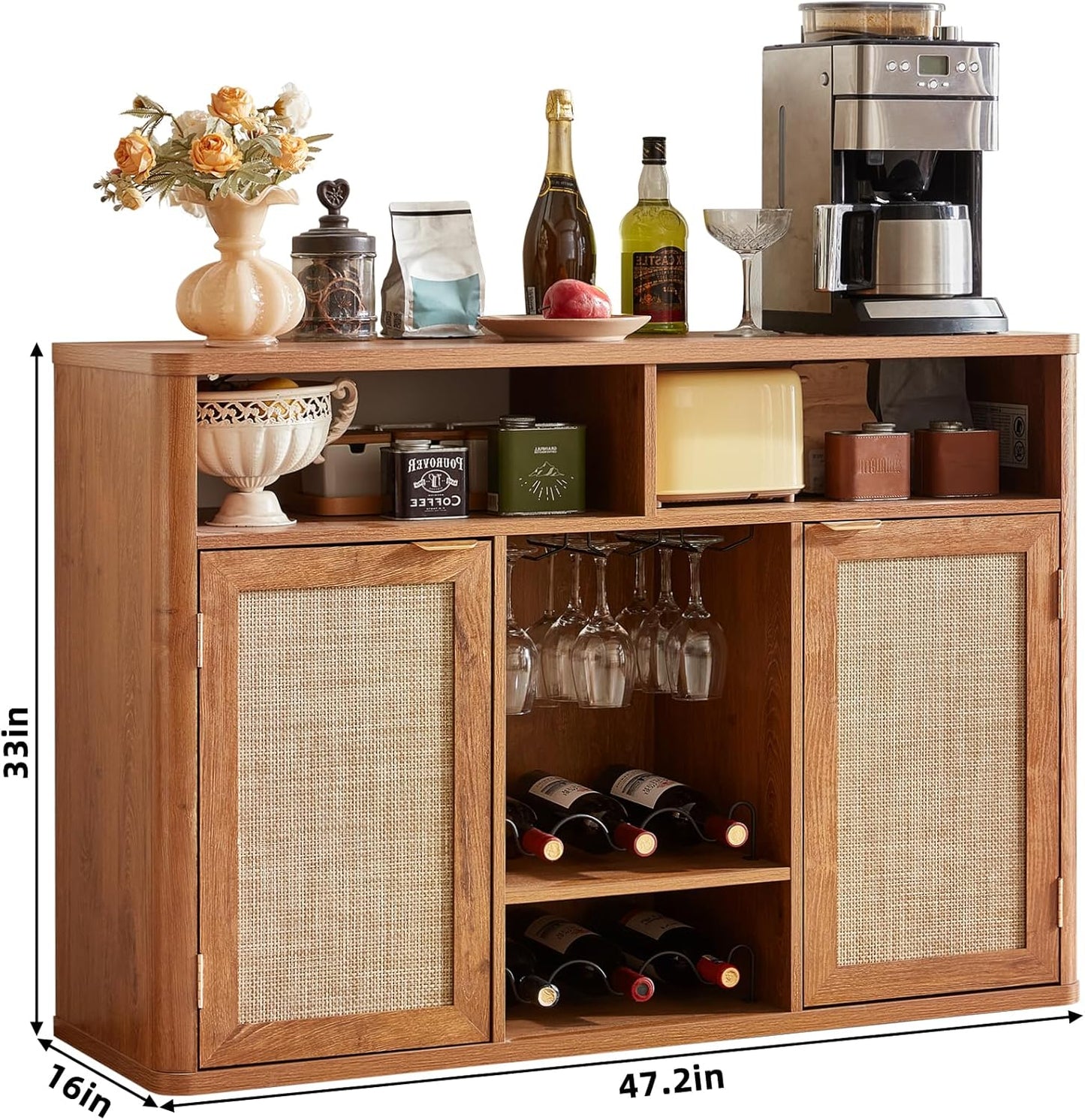 Lerliuo 47.2" Rattan Wine & Liquor Cabinet with 2 Doors, Boho Farmhouse Coffee Bar Station, Built-in Wine Racks & Storage, Adjustable Shelves for Living Room, Dining Room, Kitchen, Tea Brown