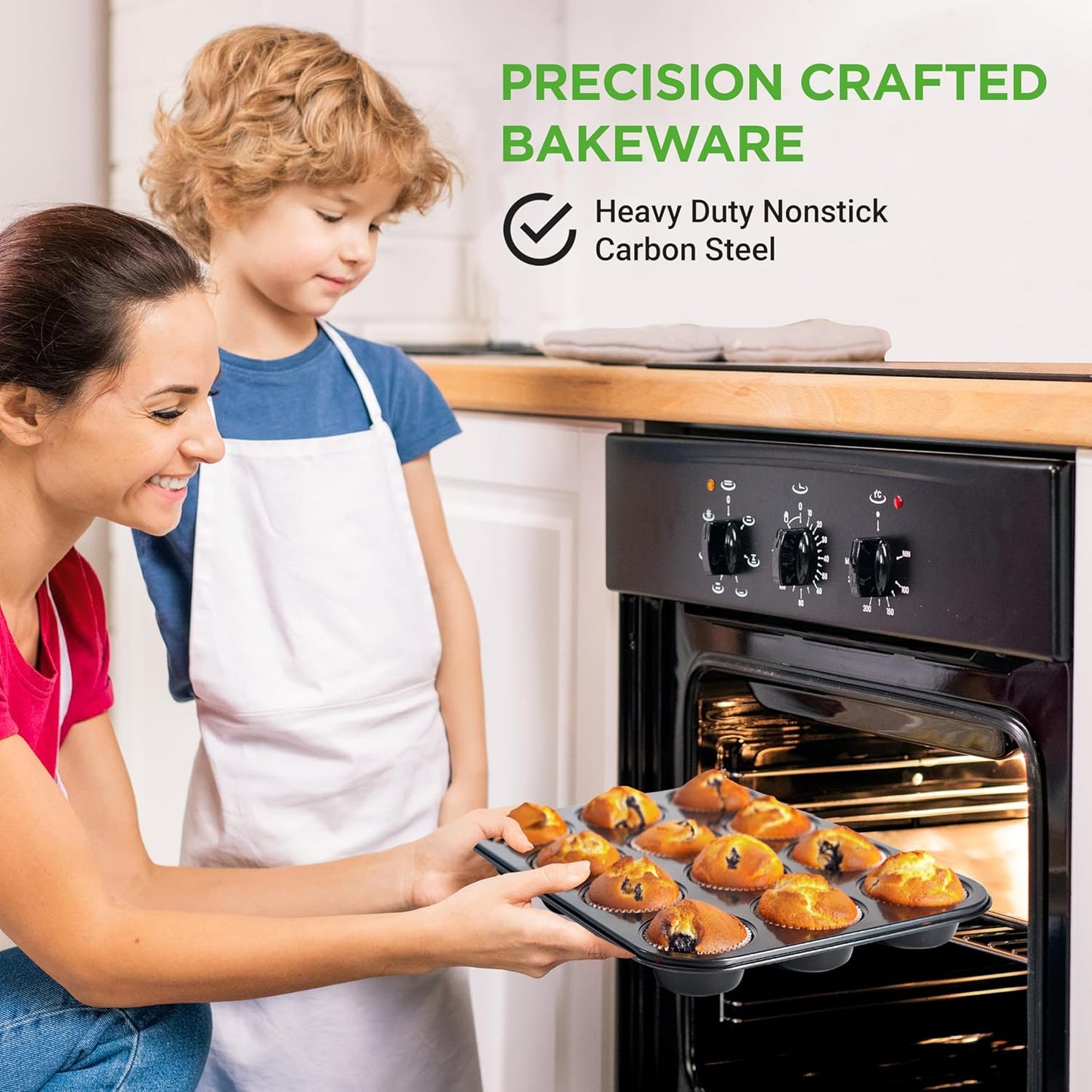 NutriChef 13” Non-Stick Muffin Baking Pan - Premium Dark Gray Carbon Steel Bake Tray, Commercial Grade Restaurant Quality Metal Bakeware - Dishwasher Safe