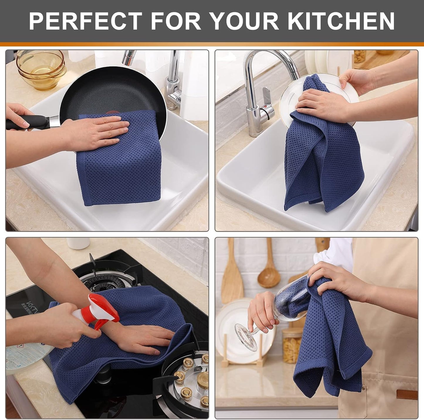 Kitinjoy 100% Cotton Waffle Weave Kitchen Towels, 8-Pack Super Soft and Absorbent Dish Towels for Drying Dishes, Kitchen Hand Towels, 13 in x 28 in, Navy Blue
