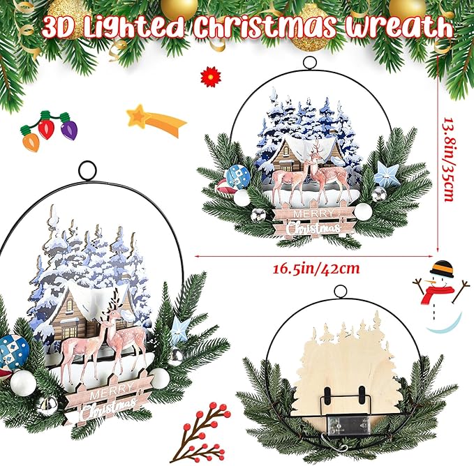 Light up Christmas Wreaths for Front Door, Welcome Metal Wooden Door Wreath Decor Hanging Sign, 30 LED Lighted Wall Decor Battery Operated for Halloween Indoor Outdoor (Deer)