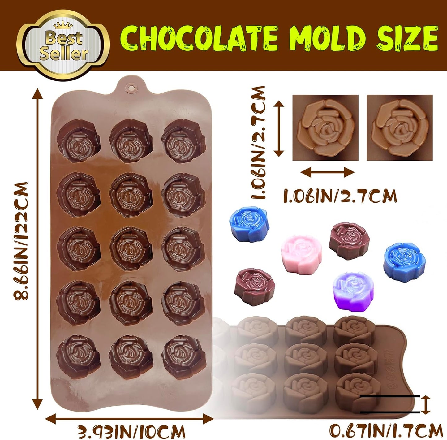 Rose Flower Shaped Silicone Chocolate Molds，BPA Free & Non-stick Silicone Tray for Hard Candy Caramels Jello Gummy Truffles Ice Cubes Soap - 4 Pack