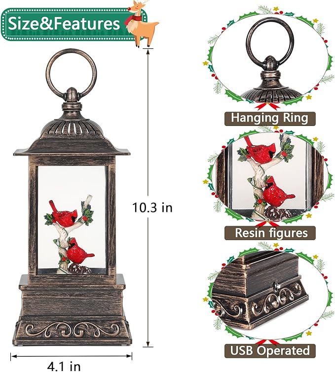 Christmas Snow Globe Cardinal Lantern, Glitter Lighted Christmas Decorations for Home with Music, Light Up Musical Snowglobe Cardinal Décor