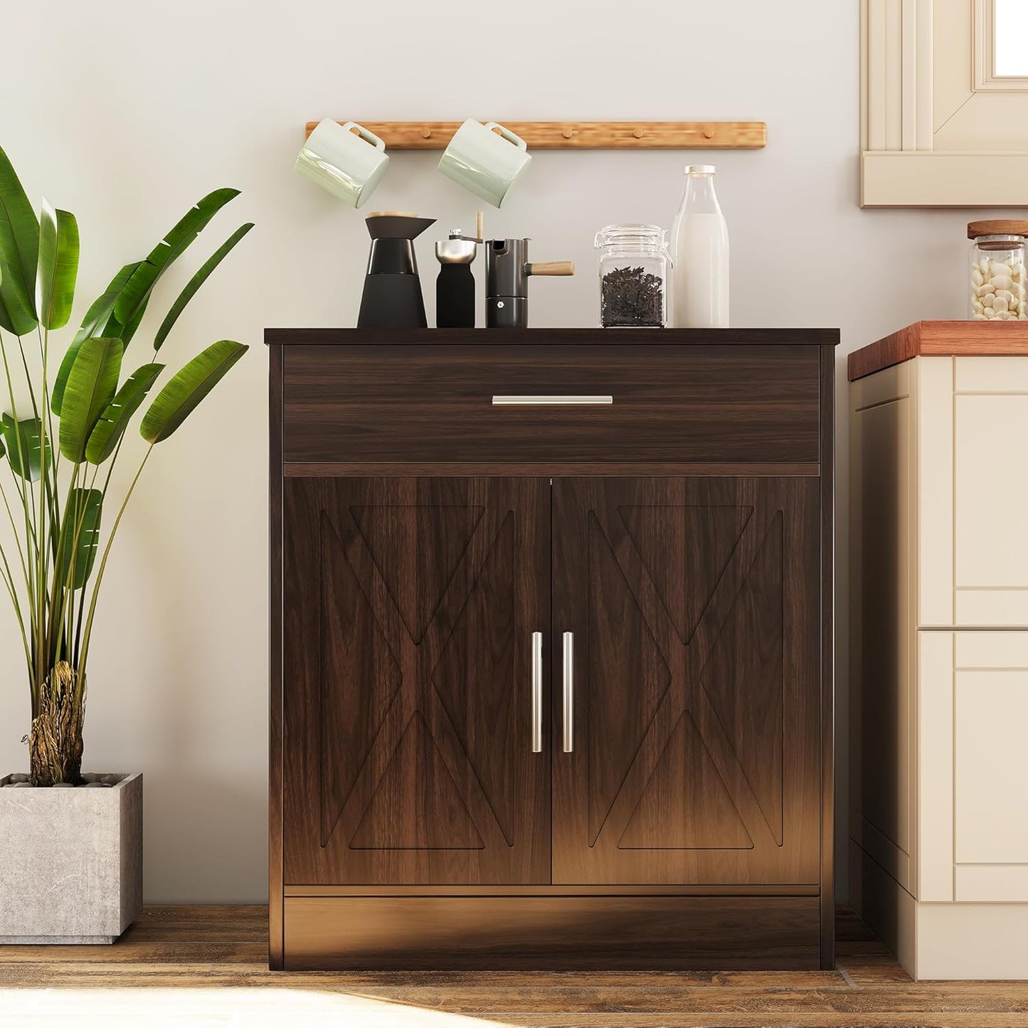 Vongrasig Sideboard Buffet Cabinet with Storage, Modern Kitchen Storage Cabinet with 1 Drawer and 2 Doors, Wood Coffee Bar Buffet Table for Kitchen, Dining Room, Rustic Brown