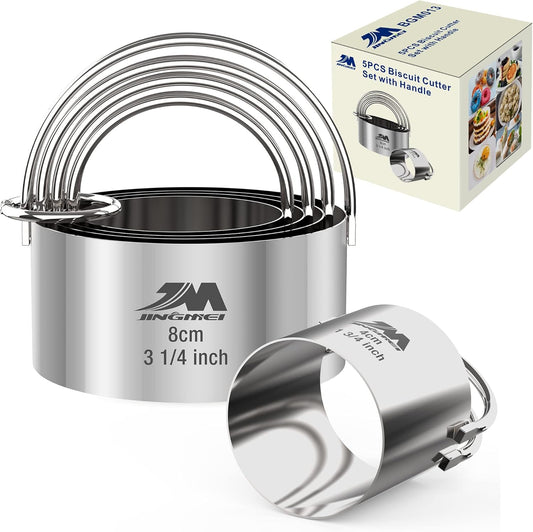 5 Pieces Circle Biscuit Cutter,Professional Stainless Steel Round Cookies Mold Tool with Handle for Baking GIFT Package