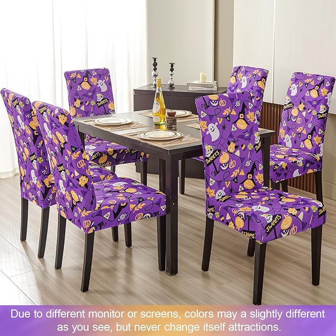 JQinHome Purple Halloween Chair Slipcover, Spider Web Chair Covers Set of 4, High Stretch Washable Chair Protector Cover for Dining Room, Kitchen,Home Party,Wedding Ceremony(Purple Candy,4PC)