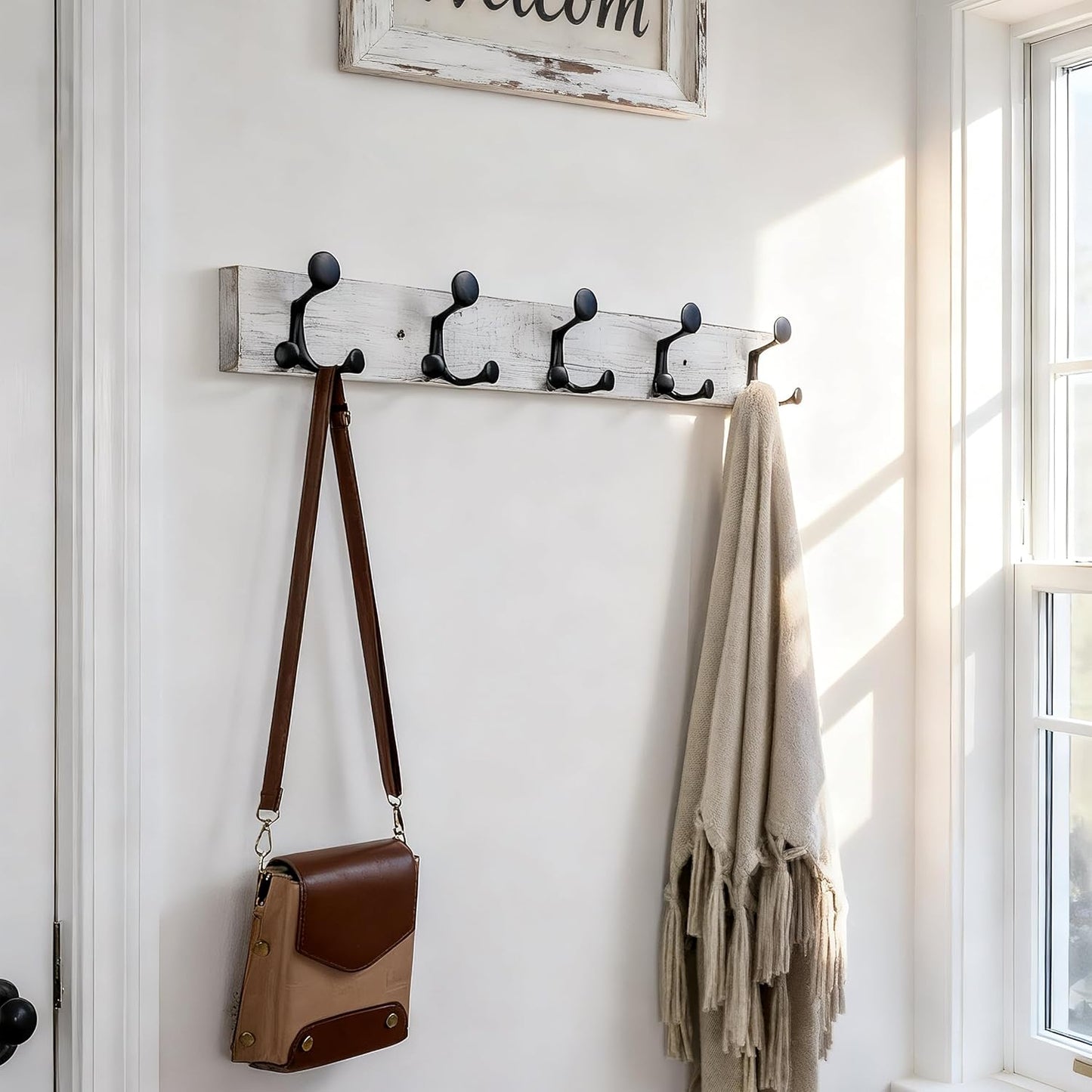 SKOLOO 30-Inch Wood Coat Rack Wall Mount with 5 Triple Hooks - Ideal for Family Entrances, Classrooms, and Pet Supplies Storage - Perfect Coat Hooks for Wall,Distressed White Wash