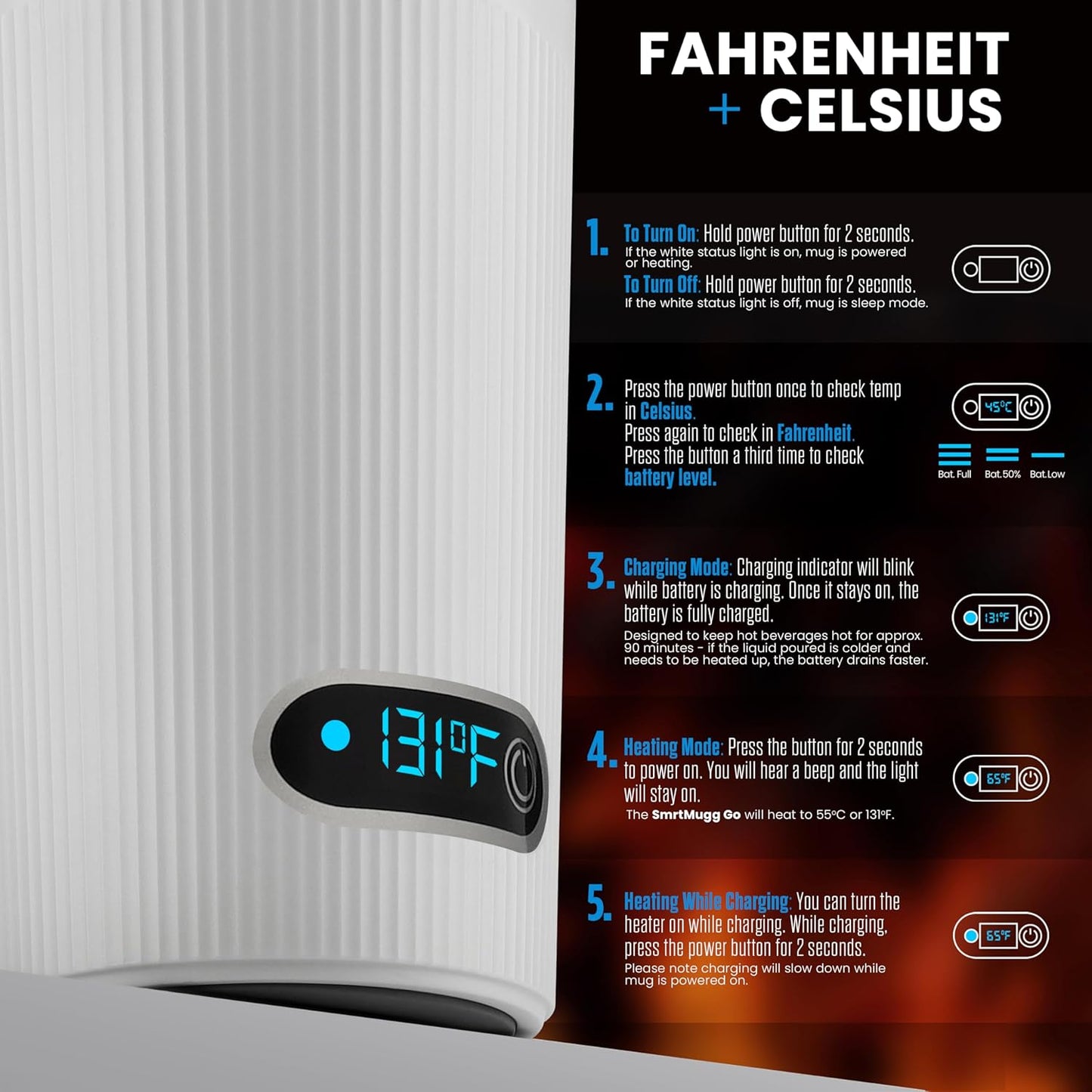 GO Heated Coffee Mug, Travel Mug, 13.5 OZ. Smart Mug, Battery Powered Heated Coffee Mug, Great for Coffee and Tea, Snap on Magnetic Charging Cord, New and Improved (White)