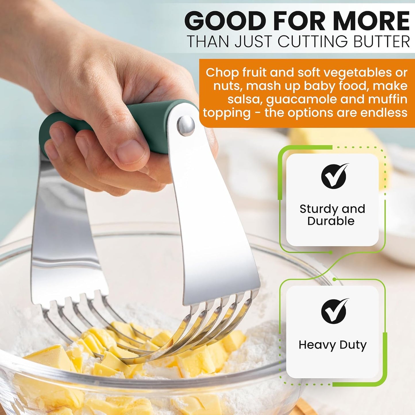 Spring Chef Large Dough Blender For Baking, Manual Dough Cutter Tool, Stainless Steel Puff Pastry Cutter Tool with Sharp Blades, Dishwasher Safe Pastry Blender for Easy Mixing - Pine Green