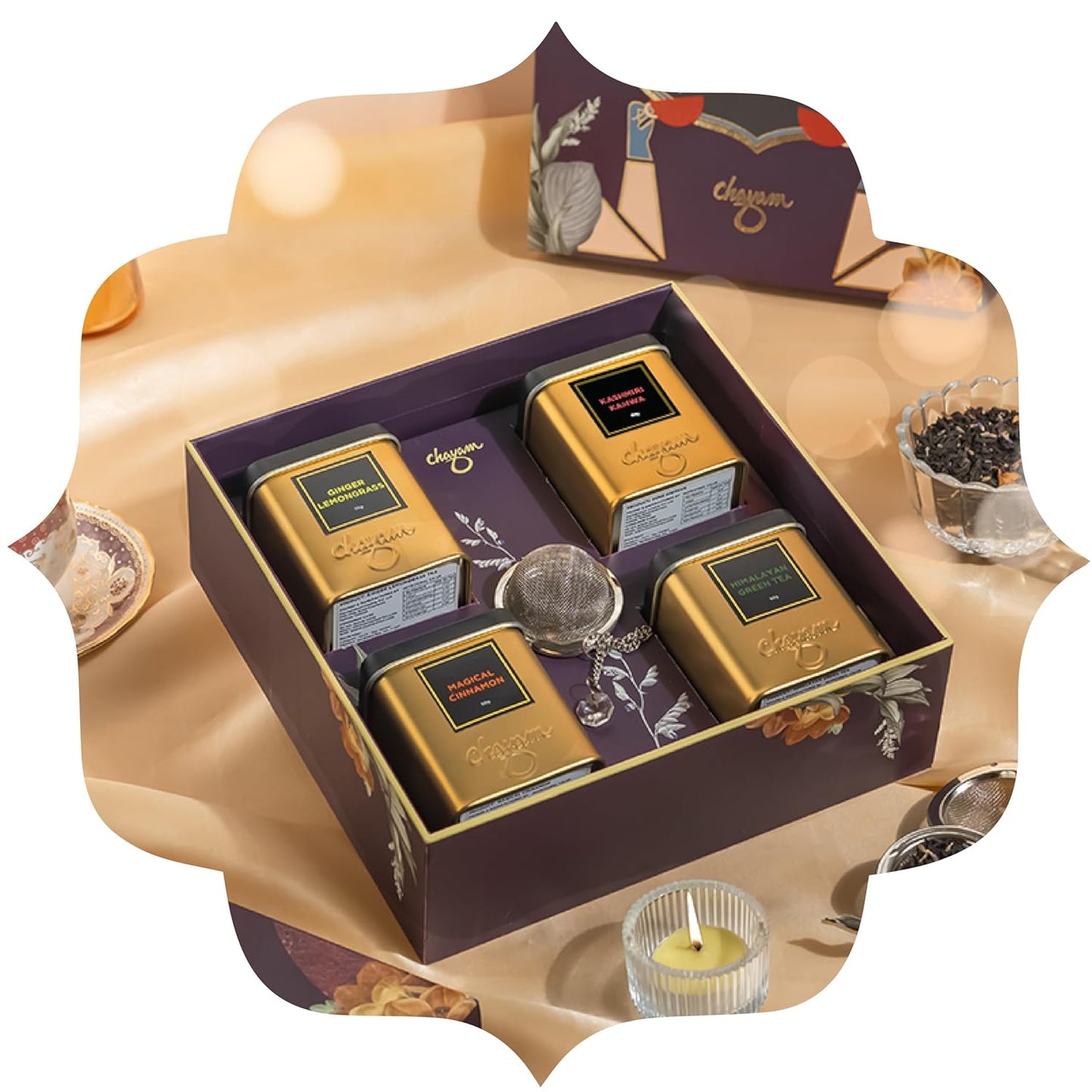 CHAYAM Tea Tranquility Gift Box – 4 Premium Loose Leaf Teas + Stainless Steel Infuser – Wellness Tea Gift – Green, Masala, Kahwa, Ginger Lemongrass – 125+ Cups / 8.82 oz