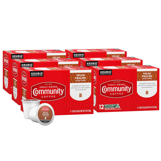 Community Coffee Pecan Praline Flavored 72 Count Coffee Pods, Medium Roast, Compatible with Keurig 2.0 K-Cup Brewers, 12 Count (Pack of 6)