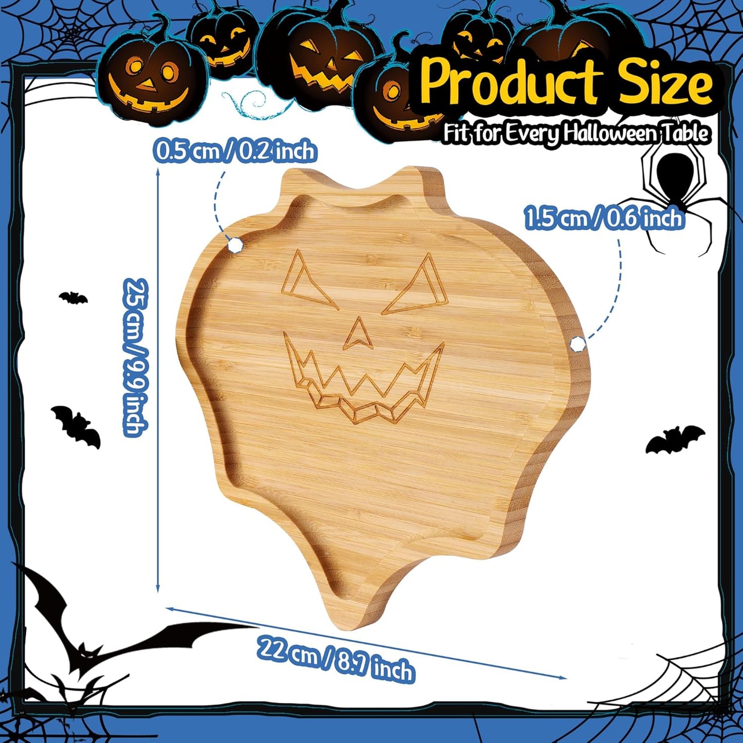 TJ POP Halloween Bat-Shaped Bamboo Serving Tray - 10"x9" Spooky Bat Snack Dessert Platter, Eco-Friendly Natural Wooden Charcuterie Board for Candy, Cookies, Appetizers, Party Decor & Festive Feasts