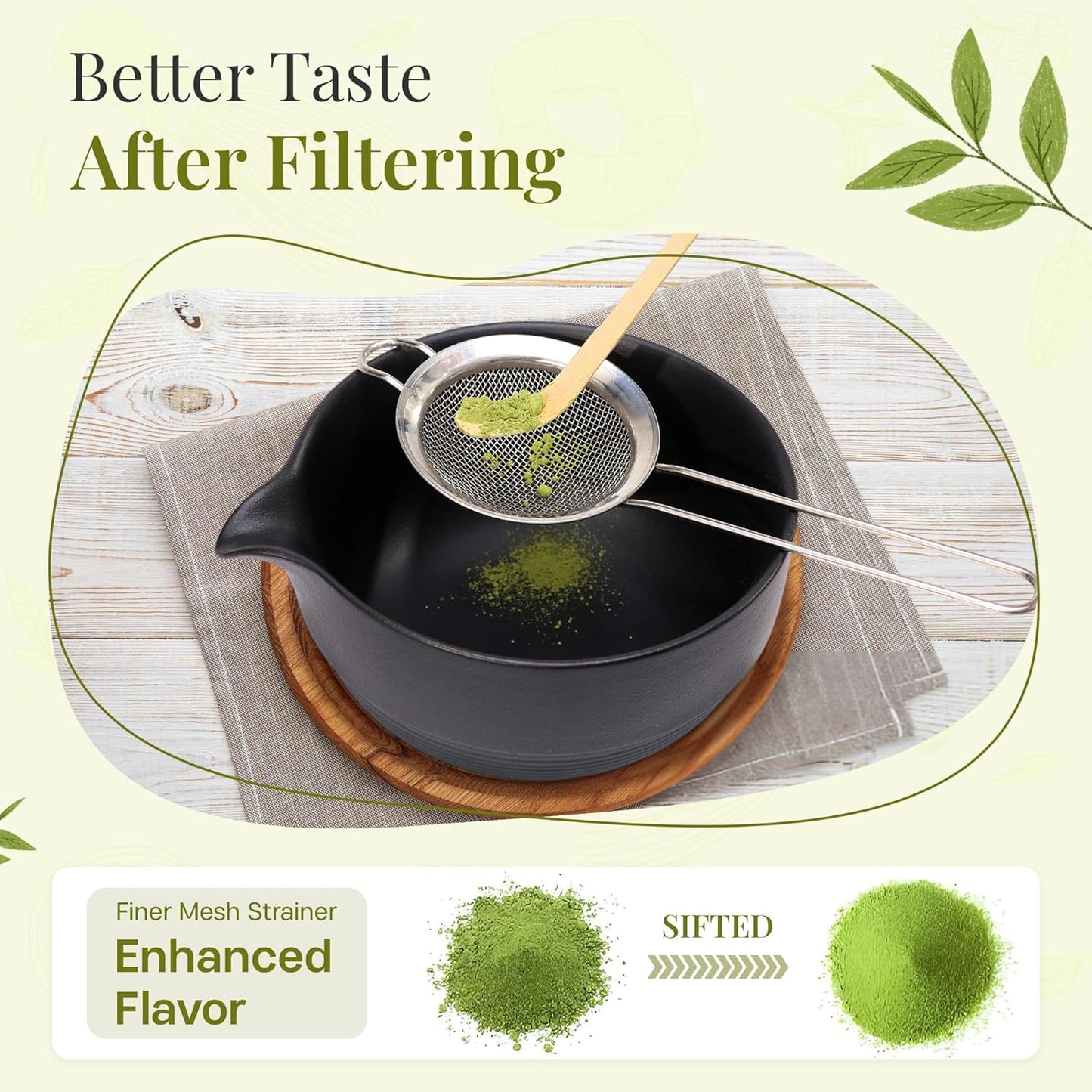 Matcha Whisk Set,includes Matcha Bowl,Matcha Whisk and Holder by Bamboo, Spout, Matcha Sifter Strainer Spoon Scoop Chasen Holder Towel- Perfect Japanese Matcha Set(8 Pcs black)