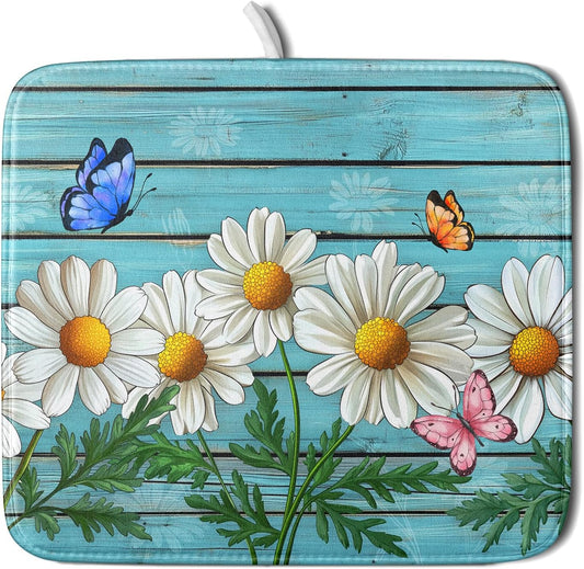Spring Daisy Floral Dish Drying Mat for Kitchen Counter 16x18in Turquoise Daisy Old Wooden Board Kitchen Mat Absorbent Reversible Microfiber Dishes Pad Fast Drying Dish Drainer Mats for Countertop