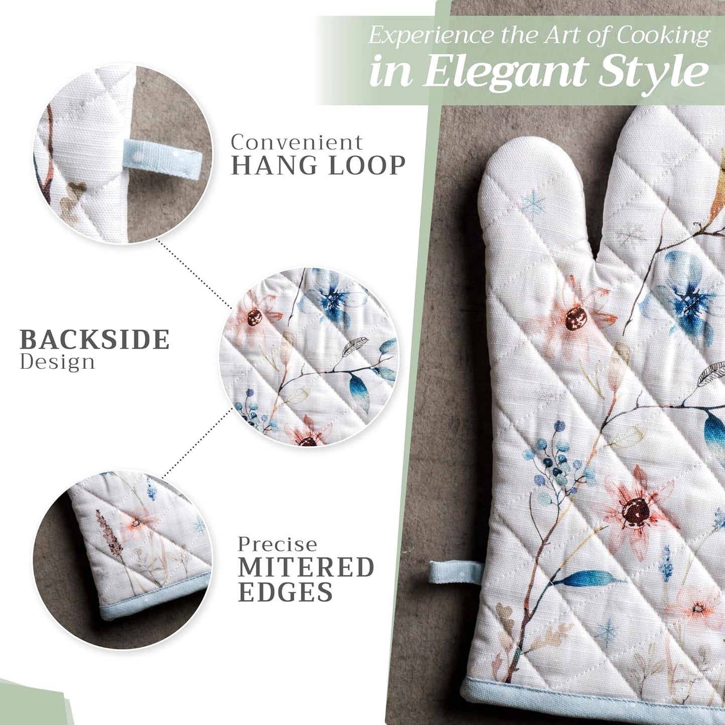 Maison d' Hermine 100% Cotton Oven Mitt & Pot Holder Set (7.5"x13" & 8"x8") Heat Resistant BBQ Cooking Gloves with Loop, Baking, Grilling, Kitchen, Handling Hot Pans (Ice Florals)