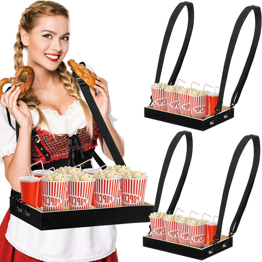 Marsui 2 Pcs Halloween Snack Trays with Straps 15 x 11 x 2 Inch Wooden Movie Night Snack Drink Trays Vendor Usherette Popcorn Drink Beverage Carrier for 20's Theme Carnival Party Costume(Black)
