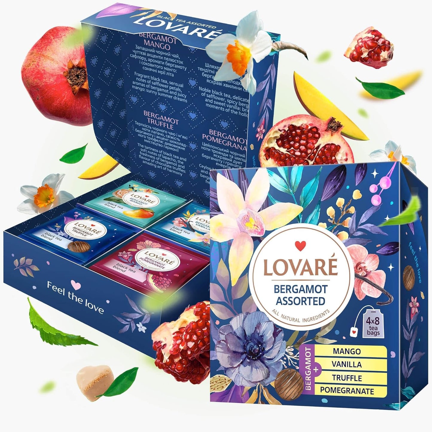 LOVARE Bergamot Assorted Tea Variety Pack 32 Pack, 4 Tastes - Made in Ukraine - Black Tea Bags Individually Wrapped - Assorted Tea Bags Variety Pack with Vanilla, Truffle, Mango, Pomegranate Flavors