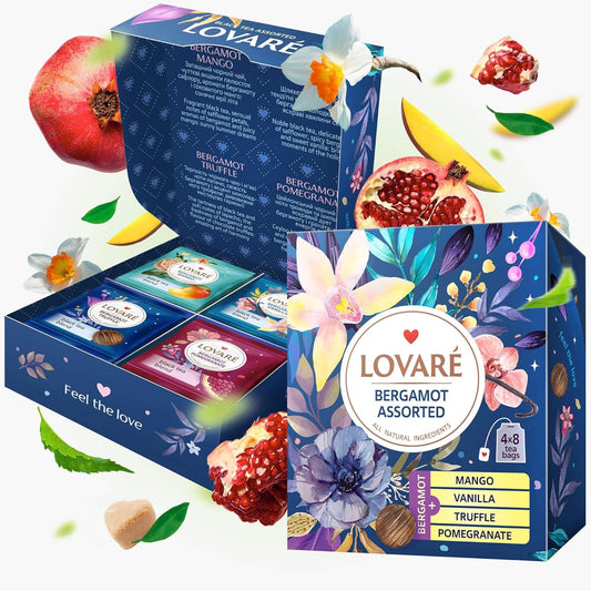 LOVARE Bergamot Assorted Tea Variety Pack 32 Pack, 4 Tastes - Made in Ukraine - Black Tea Bags Individually Wrapped - Assorted Tea Bags Variety Pack with Vanilla, Truffle, Mango, Pomegranate Flavors