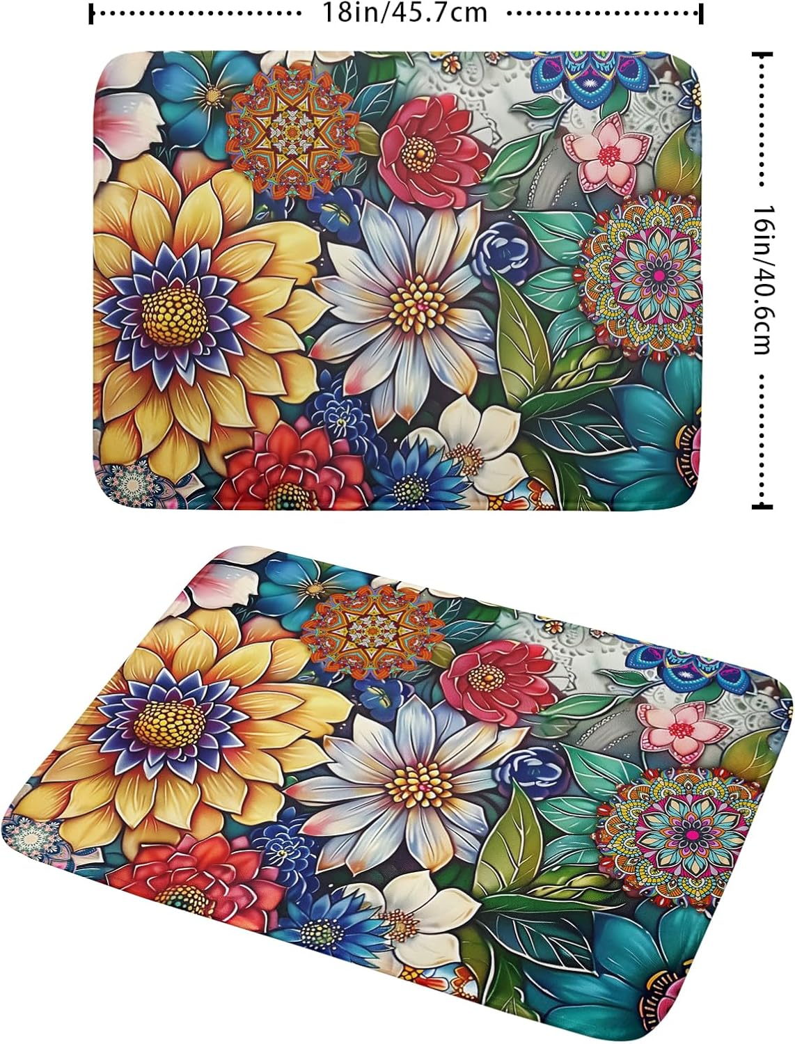 Boho Floral Dish Drying Mat for Kitchen Counter 16x18 Inch Boho Blooming Flower Dishes Pad Super Absorbent Drying Mat Heat Resistant Dish Drying Pad Anti-Slip Dish Mat Fast Dry Kitchen Bar Accessories