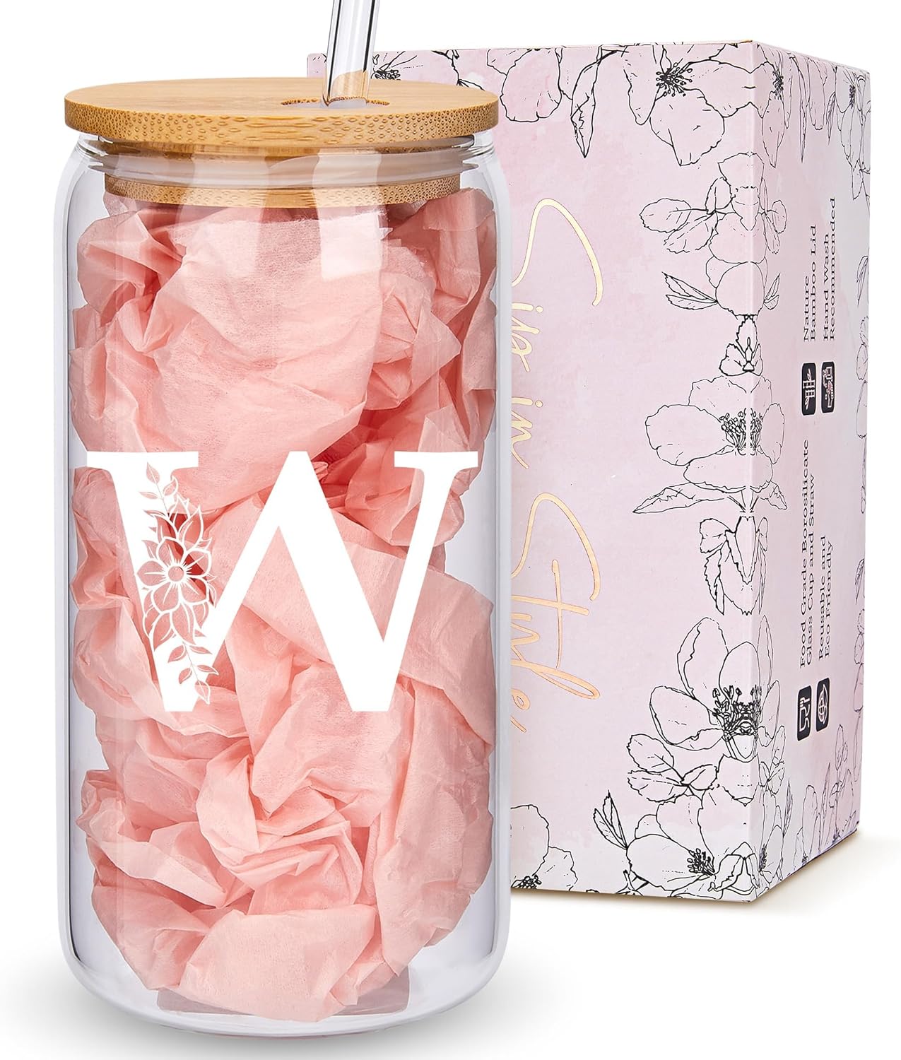 Personalized Gifts for Women, Monogrammed Glass Cups with Lids and Straws, Custom Tumbler, Cute Customized Mug, Aesthetic Stuff, Initial Iced Coffee Cup, Drinking Glasses, Birthday Teacher Gifts, W