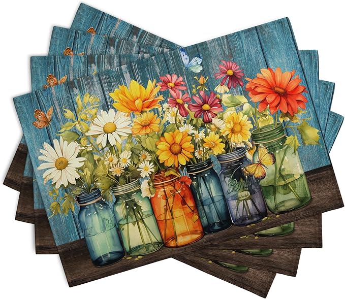 Rustic Daisy Placemats Set of 4 Vintage Flower Vases Wood Grain Linen Table Mats 12x18 Inch Summer Floral Wooden Board Farmhouse Washable Place Mat for Party Kitchen Dining Outdoor Indoor Decor