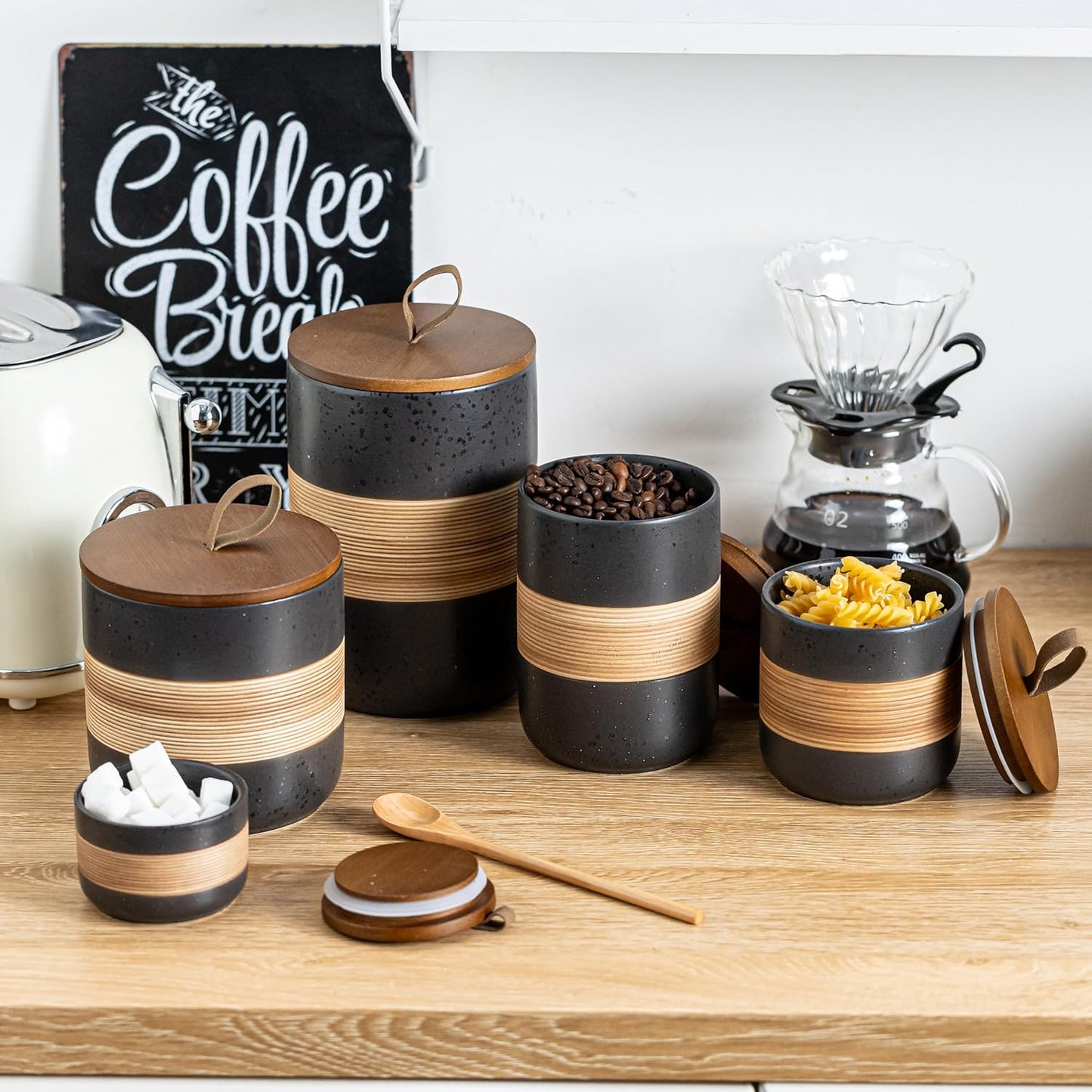 Small Ceramic Jar with Lid, Coffee Container Kitchen Food Storage Jars for Spice Sugar Tea Bag Matcha Container Airtight, Stacairtightkable Decorative Jars for Countertop, Black & 5 fl.oz