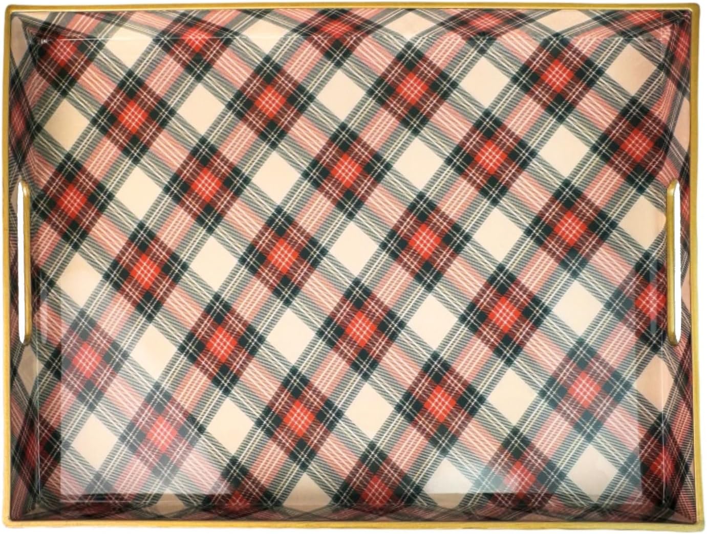 Rectangular Decorative Tray with Handles, Plastic Serving Tray for Living Room, Home Decor, Christmas，15.7" x 11.8" Red Plaid