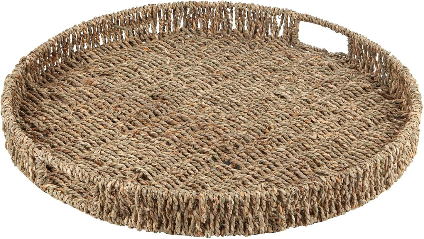 Round Ottoman Tray Large Wicker Serving Tray with Handles for Coffee Table, 18 Inch Handwoven Natural Seagrass Tray