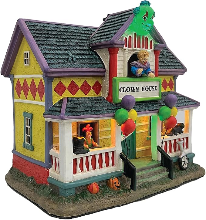 Clown Halloween Village | Spooky Town Collection Accessories Figurines on House | Porcelain with Multi-Color LED | 8.86 Inch