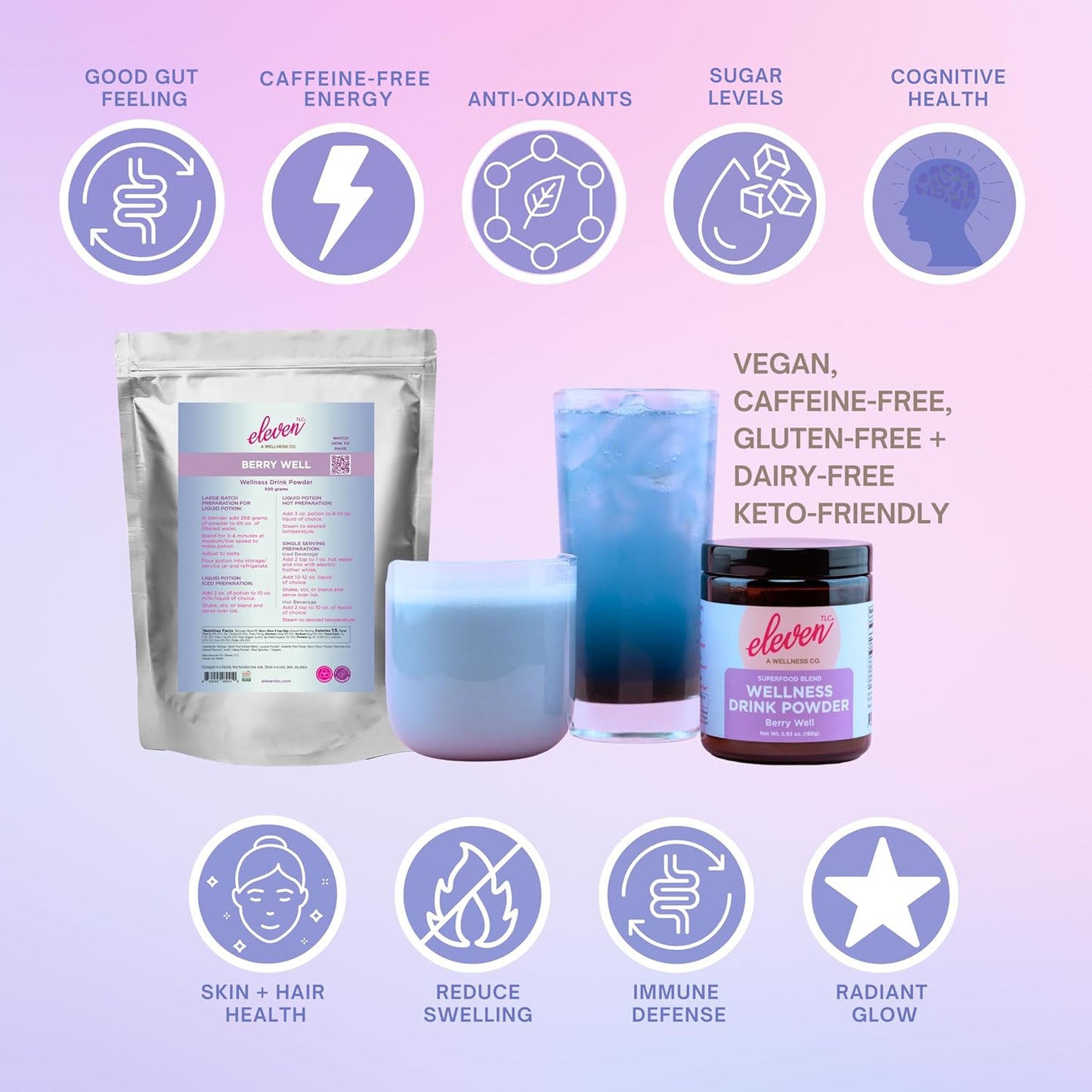 Eleven TLC, Berry Well Superfood Wellness Drink Latte + Mix, Caffeine-Free, or Herbal Tea, Blue Spirulina, Blue Butterfly Pea Flower, Organic Maca, Keto Friendly, Vegan, 63 Servings