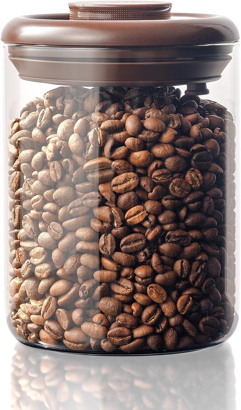 Glass Coffee Bean Jar 900 ml – Pop Top Air Tight Coffee Bean Container with CO2 Valve, 11 Oz Coffee Storage Airtight Canister, Brown