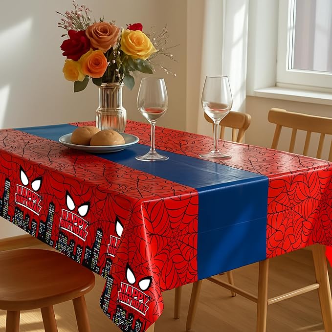 16Pcs 2in1 Spider Birthday Decorations Tablecloths, 54" x 108" Super Hero Spider Table Cloth Disposable Rectangle Plastic Table Cover for Boys Birthday Party Supplies