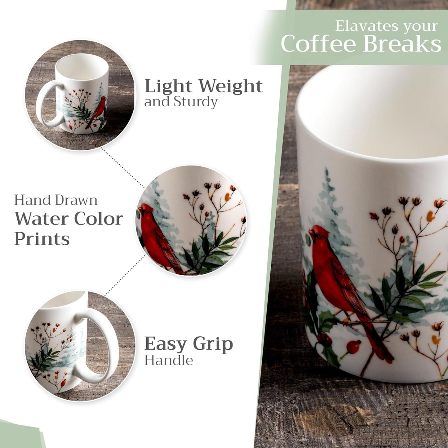 Maison d' Hermine Coffee Mug with Handles Fine Bone China Mugs Pack of Two Tea Cups for Hot Beverages Cappuccino Latte Home Restaurant Office Perfect for Gift (Morzine, 15 Ounce)