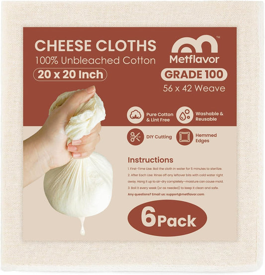 6Pcs Reusable Cheesecloth for Straining 20x20 Inch,100 Grade Cheese Cloths Hemmed 4 Edges, 100% Unbleached Cotton Cheese Cloth,Ultra-Dense Cloth Strainer for Yogurt/Nut Milk/Baking Making 56x42 Weave