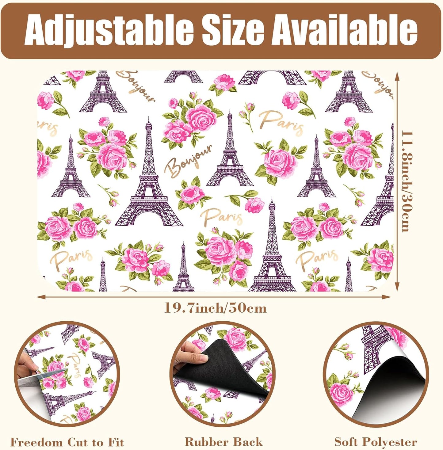 Eiffel Tower with Pink Rose Coffee Mat Absorbent Dish Drying Mat for Kitchen Counter Hide Stain Rubber Backed Coffee Bar Accessories Fit Under Espresso Machine Dish Drainer 11.8 x 19.7 Inch