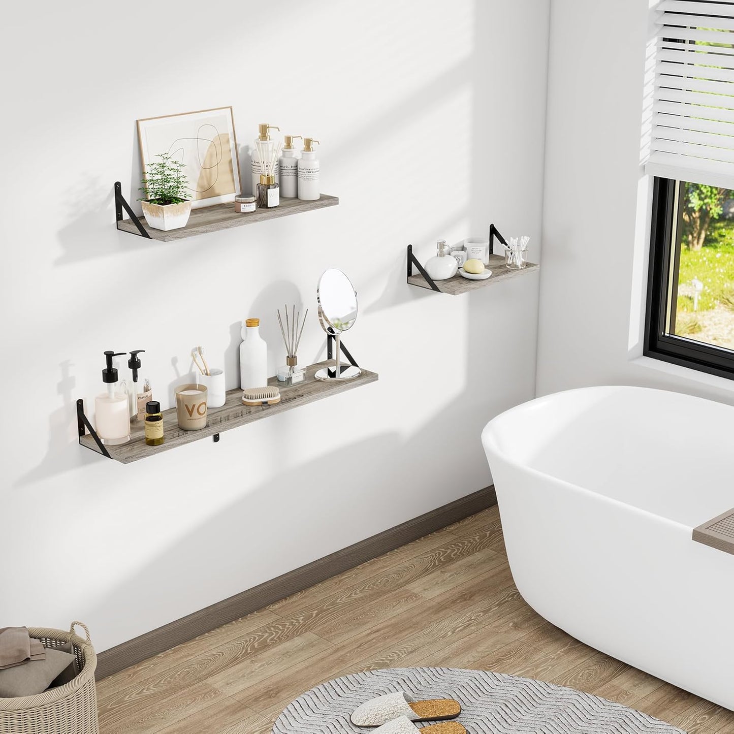 Dreamland Deep Floating Shelves for Wall, 16W x 8D Wall Mounted Wide Shelves Set of 2, Grey Floating Shelves Bedroom with Sturdy Metal Brackets for Living Room, Bathroom and Kitchen