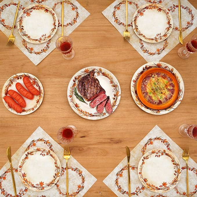 Homlouue 200 Pcs Fall Paper Plates and Napkins, Watercolor Disposable Dinnerware Set, Autumn Leaves Thanksgiving Party Supplies, Serve 50 Guests