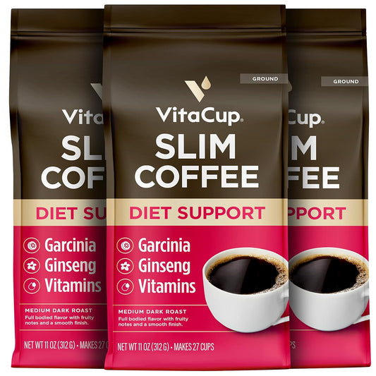 VitaCup Slim Ground Coffee, Diet Support with Ginsen, B Vitamins, Medium Dark Roast, Bold and Smooth,100% Arabica Specialty Coffee Grounds, 3 bags, 11oz each