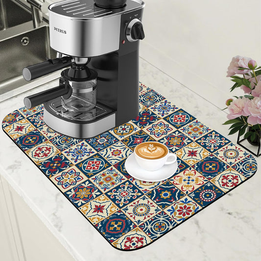 Dish Drying Mat Moroccan Tile Coffee Bar Mat for Countertop Absorbent Rubber Backed Hide Stain Dish Drainer Rack Pad Coffee Maker Espresso Machine Dining Room Decoration 11.8 x 19.7 Inch