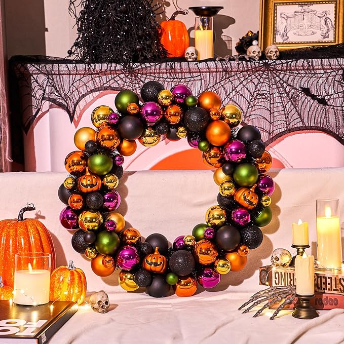 JORNOY 20inch Large Halloween Ball Wreath with Ghost & Pumpkin Accents - Seasonal Orange/Black Wall Hanging, Front Door, Mantel, Porch Decor for Home