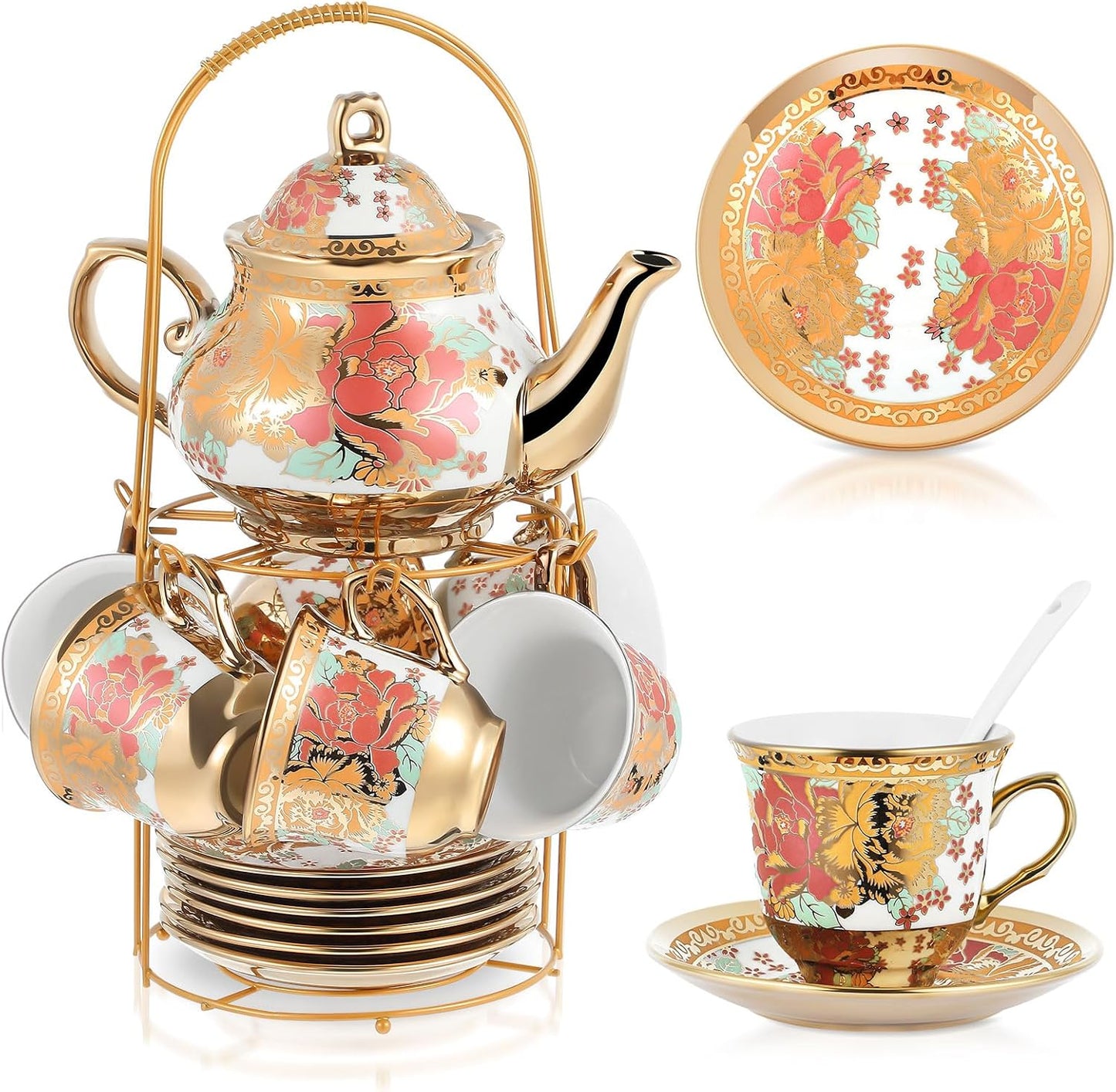 Zhehao 20 Pcs Porcelain Tea Set with Metal Holder and Spoon Adult Ceramic Tea Party Set European Flower Painting Teapot Cup Saucer Spoon Set for Women, Large Version(Stylish Style)