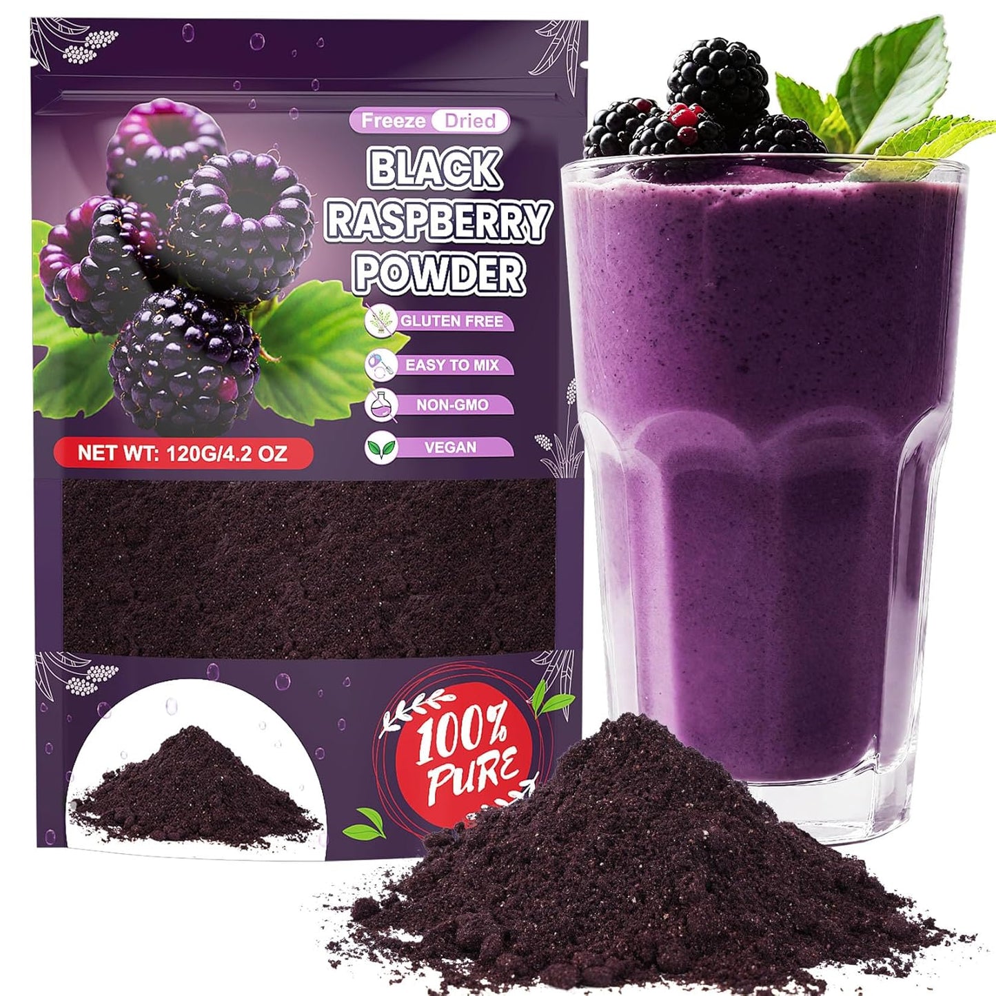 Freeze Dried Balck Raspberry Powder - 100% Black Raspberry Extract Fruit Powder for Smoothies, Made from Whole Raspberries No Additive Natural Food Coloring for Baking, Cake Decoration - 4oz