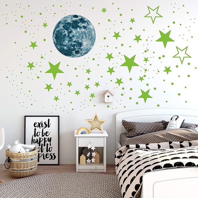 Luminous Wall Decals Ceiling Stickers Glow in The Dark Moon and Stars Starry Sky Shining Decals Room Decoration Perfect Gifts for Kids Bedroom Bedding Room, 1 Moon + 436 Stars and Dots