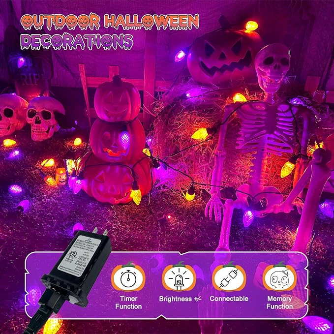 2PK 100 LED Purple and Orange C9 Halloween Lights Indoor Outdoor, Extendable 98FT C9 String Lights with 13 Modes & Timer, Waterproof Plug in Halloween Decorations for Tree Patio Fall Party Garden