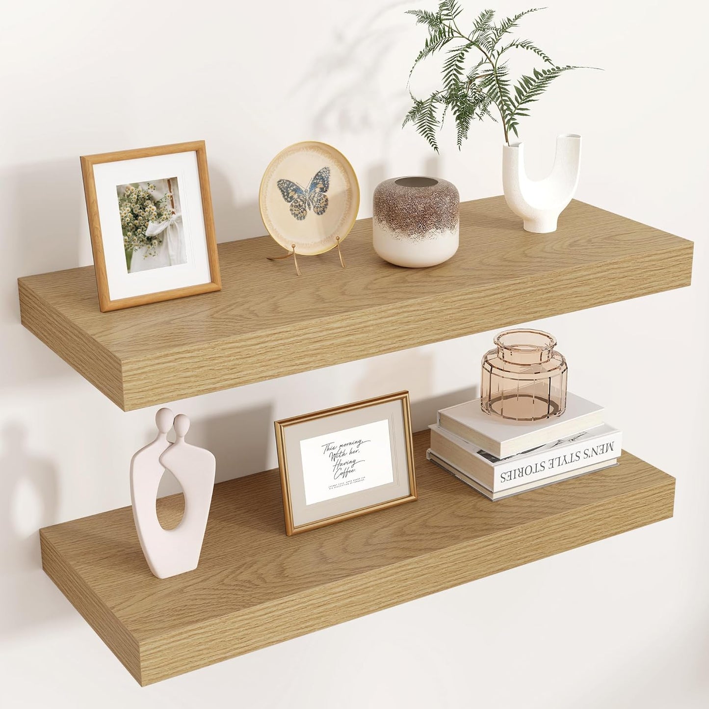 Floating Shelves for Wall, 2 Large Wall Mounted Shelves with Invisible Brackets, Long Wood Floating Wall Shelf Shelves for Living Room, Bedroom, Kitchen, (Oak, 24" W x 9" D x 1.5" H)