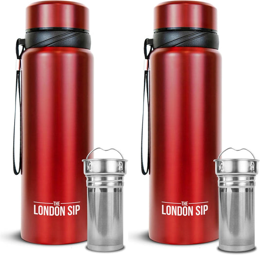 London Sip 25 oz Multi-Function Travel Mug and Tumbler Tea Infuser Water Bottle Fruit Infuser Flask Hot and Cold Double Wall Stainless Steel Coffee Thermos, Sacred Red, Pack of 2