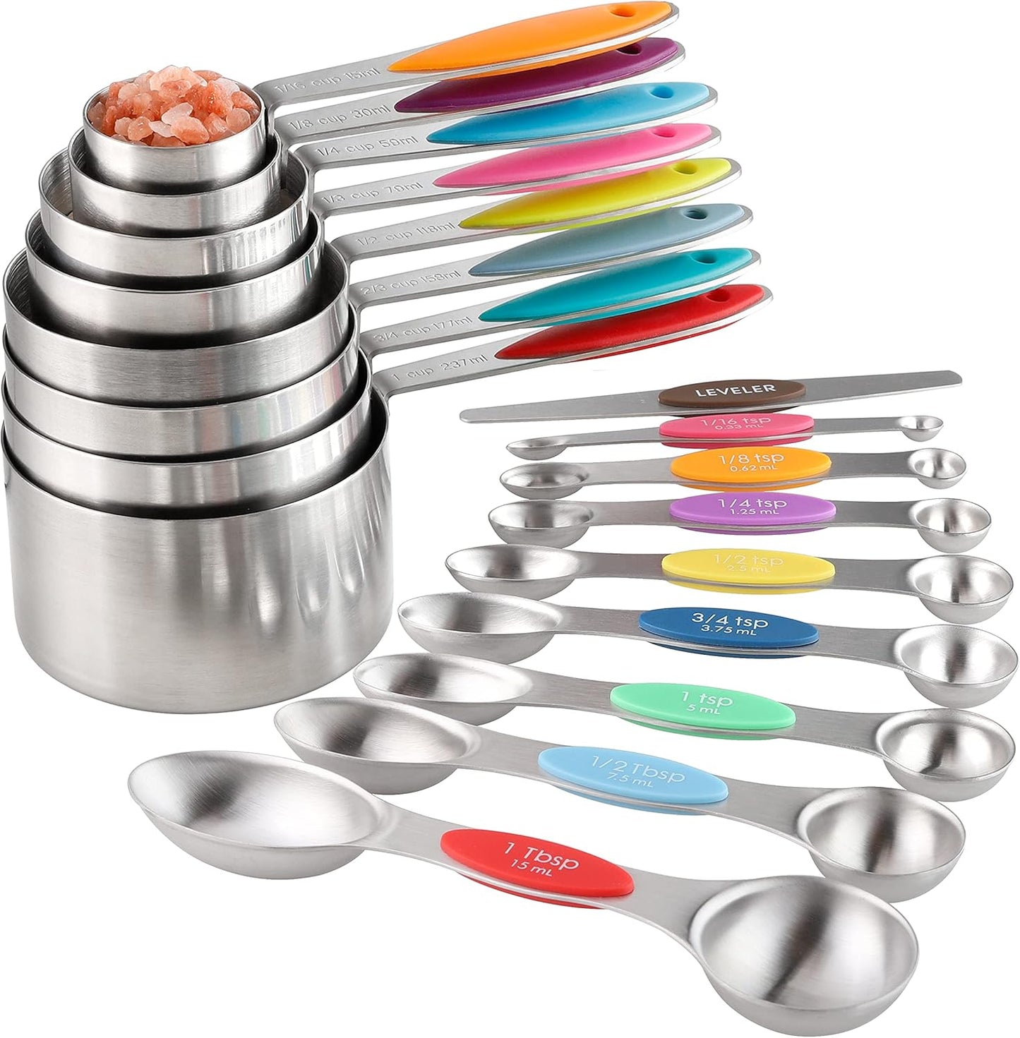 Measuring Cups and Spoons Set Stainless Steel Including 8 Stackable Measuring Cup 8 Double Sided Magnetic Measuring Spoons with 1 Leveler for Dry and Liquid Ingredients