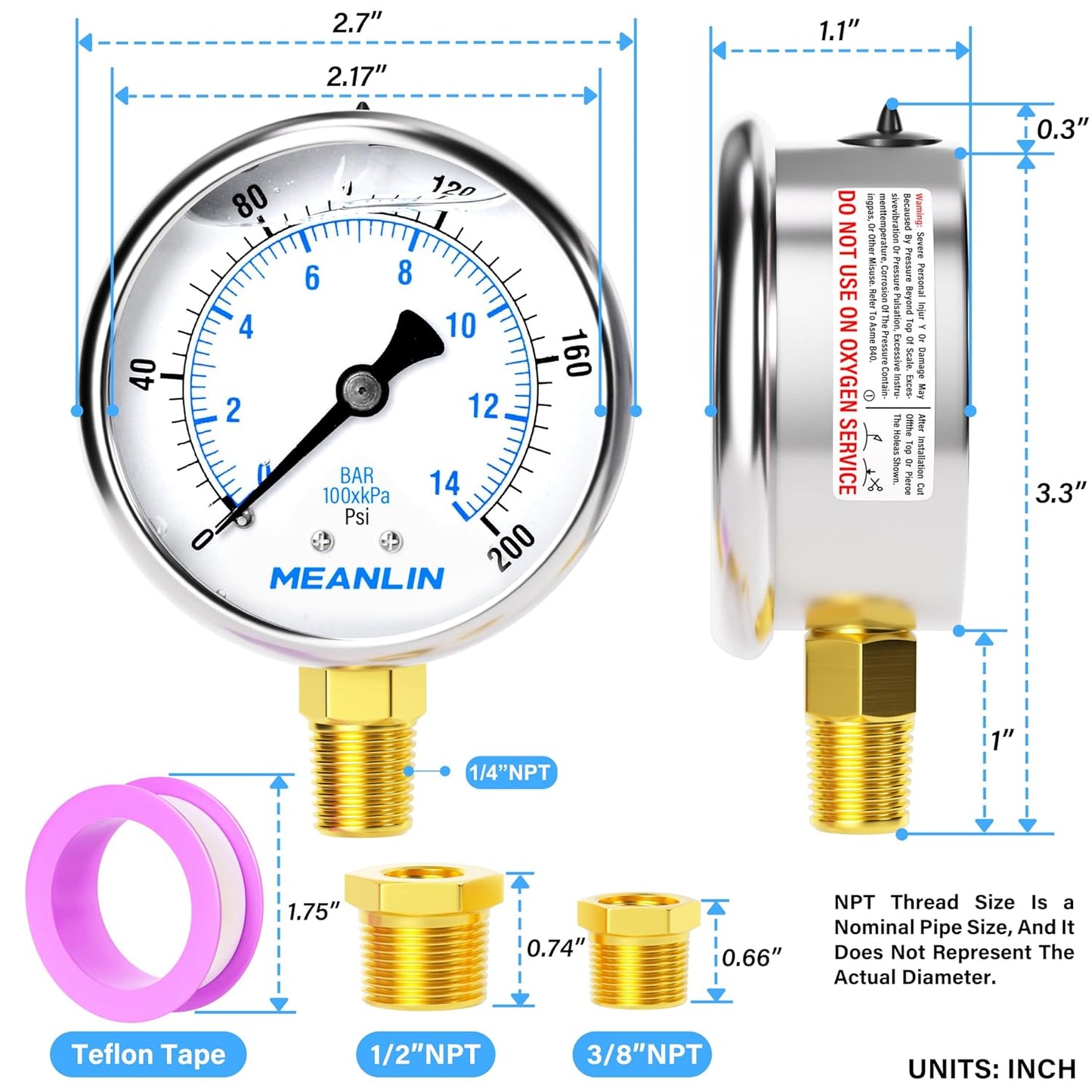MEANLIN MEASURE 0~200Psi Stainless Steel 1/4" NPT 2.5" FACE DIAL Liquid Filled Pressure Gauge WOG Water Oil Air Lower Mount (Pack of 2), with 1/2" NPT and 3/8" NPT Hex Bushing