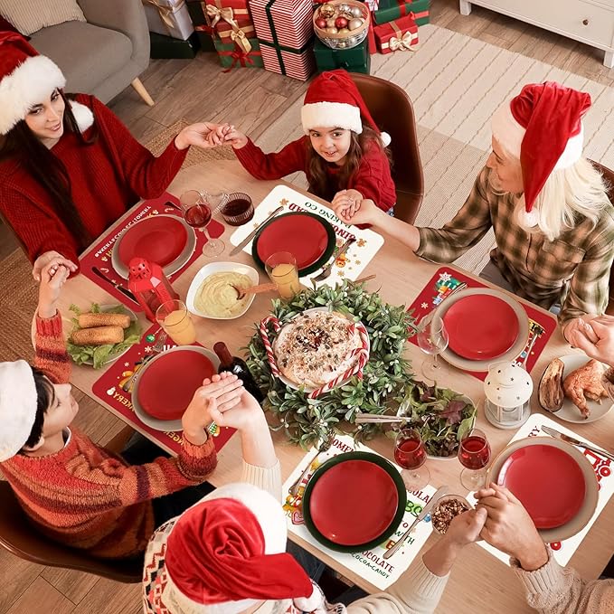 Gingerbread Christmas Placemats Set of 6 Gingerbread Candy Plastic Table Mats Hot Cocoa Place Mats Xmas Gnome Tree Washable Table Decoration for Indoor Outdoor Party Kitchen Dining